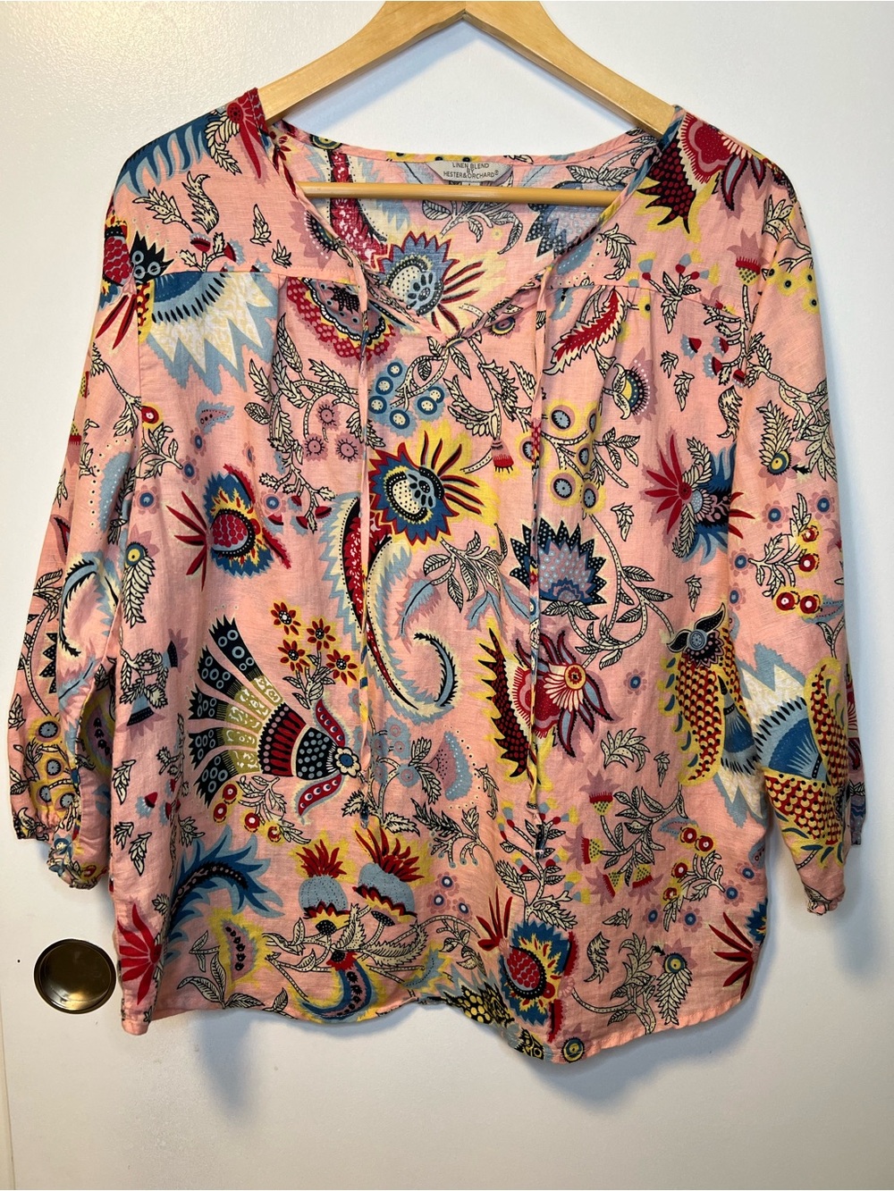 Hester & Orchard Linen & Cotton Blend Floral Pattern Multicolor Top